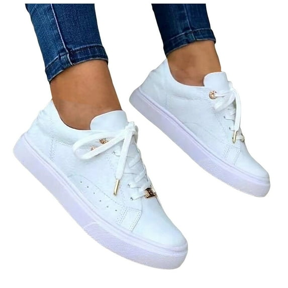 Dakaela Women's Fashion Sneakers Lace up Low Top Cushioned Walking Shoes Comfort Casual Flats White 7.5
