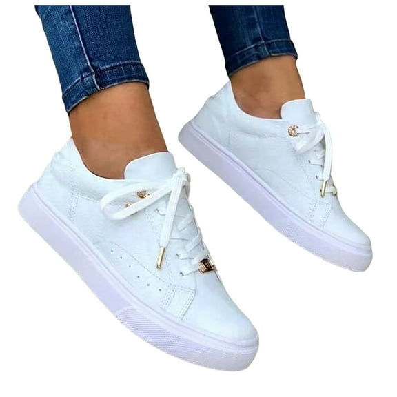 Dakaela Women's Fashion Sneakers Lace up Low Top Cushioned Walking Shoes Comfort Casual Flats White 7