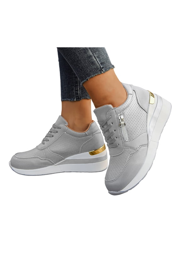 Women's Fashion Sneakers Platform Wedge Lace up Walking Tennis Shoes Slip on Chunky High Heels Casual Shoes for Gym Travel Work Grey 8.5