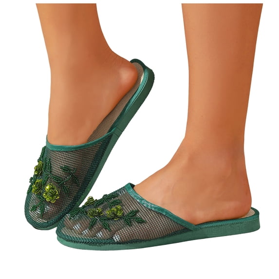 Dakaela Women's Fishnet Mesh Flat Sandals Closed Toe Slip on Mule Slides with Flower Backless Loafers Summer Shoes Size 6-9