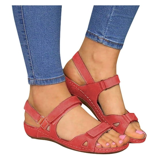 Dakaela Women's Flat Sandals Comfort Open Toe Slip on Footbed Sandal Leather Orthopedic Shoes Red 9