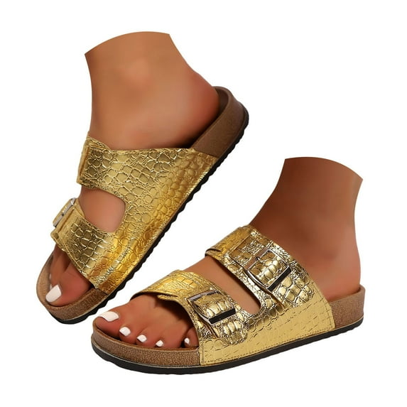 Dakaela Women's Flat Sandals Cork Footbed Slides Arch Support Slip on Walking Shoes with Adjustable Buckle