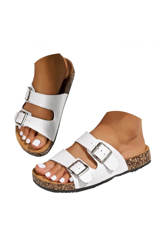 Women's Flat Sandals Cork Footbed Slides Double Straps Slip on Beach Dressy Mules Clogs