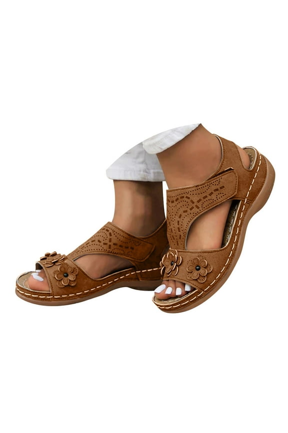 Women's Flat Sandals Dressy Summer Slip on Walking Shoes Arch Support Beach Sandal Brown 7