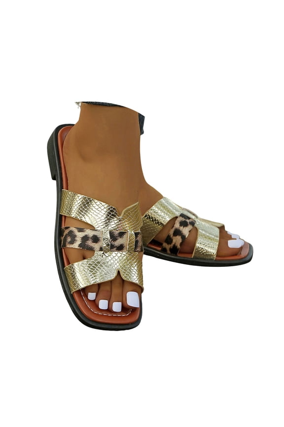 Women's Flat Sandals Fashion Square Open Toe Metallic Summer Dressy Slip on Casual Slides