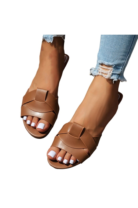 Women's Flat Sandals Leather Comfortable Fashion Dressy Slides Ladies Open Toe Slip on Casual Summer Beach Slippers Size 6-10 Brown