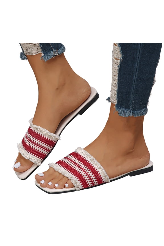 Women's Flat Sandals Slip on Slides Square Open Toe Braided Fashion Casual Beach Slippers