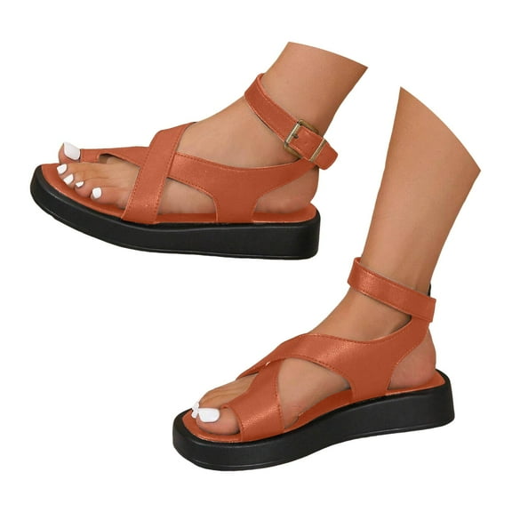 Dakaela Women's Flat Sandals Toe Ring Platform Walking Shoes Strappy Ankle Buckle Slip on Sandal Red 8