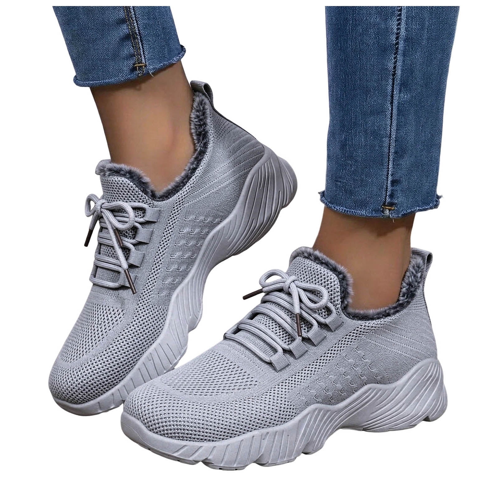 Fall Weather Running Images Dakaela Women's Fleece Lined Winter Sneakers Lace Up Knit Warm Casual ...