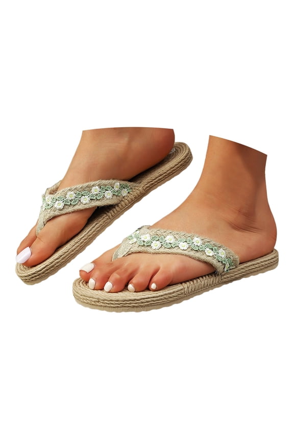 Women's Floral Linen Flip Flops Open Toe Straw Summer Slippers Slip on Slide Sandal Green 7