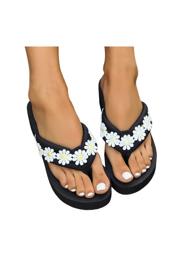 Women's Flower Platform Flip Flops Embroidery Wedge Thong Sandals 2026 Fashion Comfortable Slip on Outdoor Slippers with Arch Support Size 6-9 White