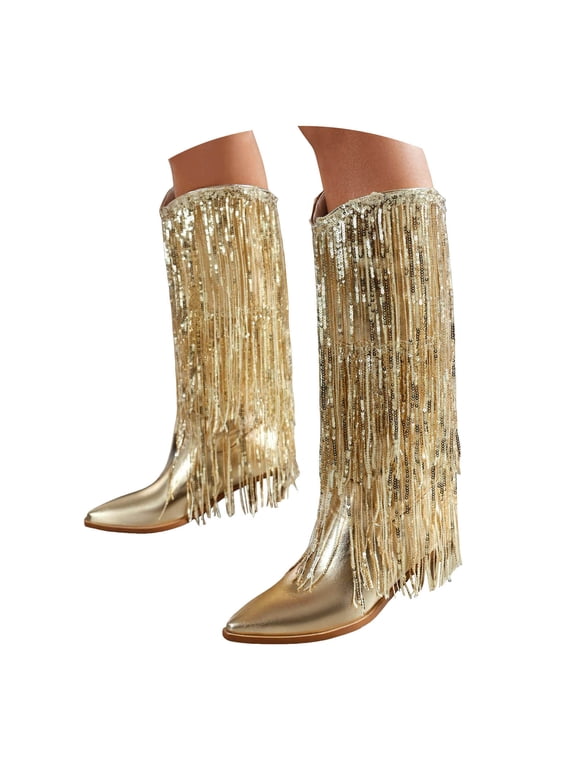 Women's Fringe Cowboy Boots Metallic Sequin Cowgirl Dress Booties Tassel Western Pull on Boot