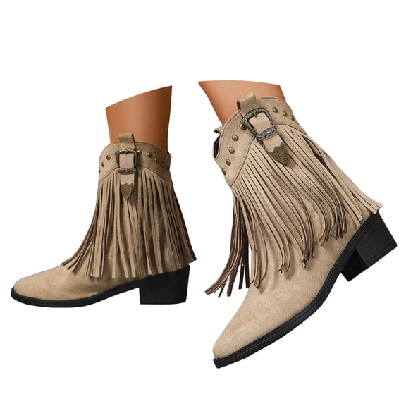 Dakaela Women's Fringe Cowboy Cowgirl Boots Tassel Western Ankle Booties Suede Retro Pull on Casual Shoes