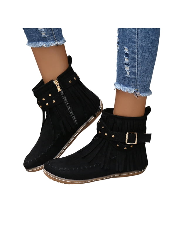 Women's Fringe Suede Ankle Boots Wide Width Round Toe Low Heel Tassel Western Moccasin Booties Pull On Flats Dress Retro Boho Shoes Size 6-9