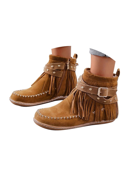 Women's Fringe Suede Ankle Boots Wide Width Round Toe Non Heel Tassel Western Moccasin Booties Boho Outdoor Flat Shoes with Zipper Size 6-10