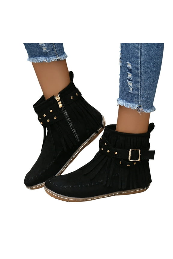 Women's Fringe Western Cowgirl Boots Suede Tassel Cowboy Moccasins Retro Winter Low Heel Booties