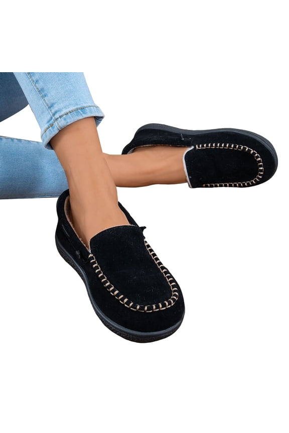 Women's Fuzzy House Slippers Suede Flat Moccasins Plush Slip on Loafers Driving Walking Winter Shoes Black 8
