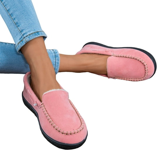 Dakaela Women's Fuzzy House Slippers Suede Flat Moccasins Plush Slip on Loafers Driving Walking Winter Shoes Pink 6
