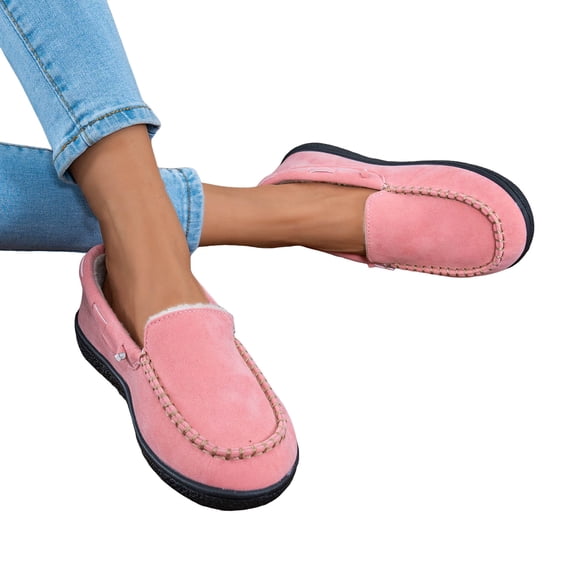 Dakaela Women's Fuzzy House Slippers Suede Flat Moccasins Plush Slip on Loafers Driving Walking Winter Shoes Pink 8