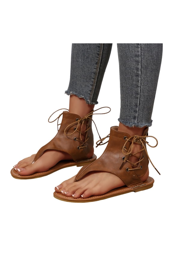 Women's Gladiators Sandals Leather Western Thong Flip Flops Lace up T Strap Open Toe Casual Flat Summer Beach Shoes Yellow Size 6