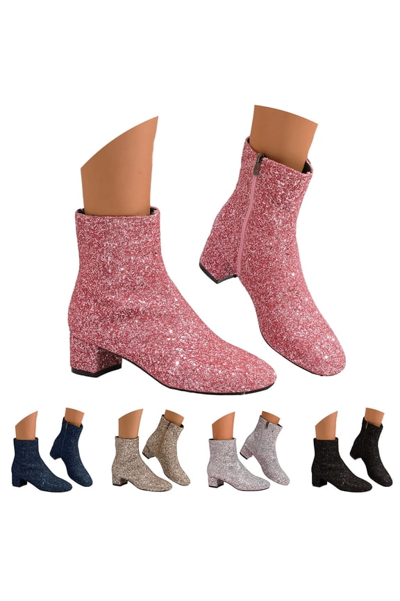 Women's Glitter Ankle Boots Rhinestone Sparkly Chunky Heeled Booties Side Zipper Wedding Party Dress Shoes Black 6