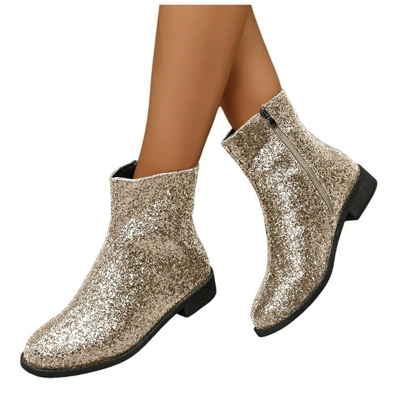 Dakaela Women's Glitter Ankle Boots Sequin Sparkly Slip on Sock Booties Side Zipper Wedding Party Dress Shoes Gold 10.5