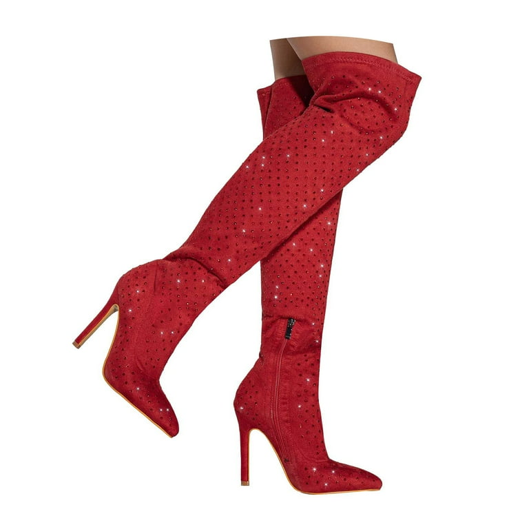 Dakaela Women's Glitter Stiletto Heels Pointed Toe Over the Knee