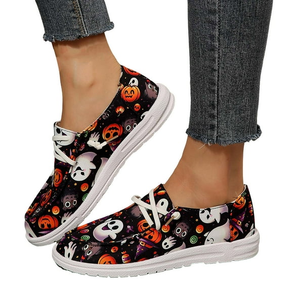 Dakaela Women's Halloween Canvas Shoes 2025 Casual Slip on Loafers Skull Pumpkin Low Top Walking Sneakers