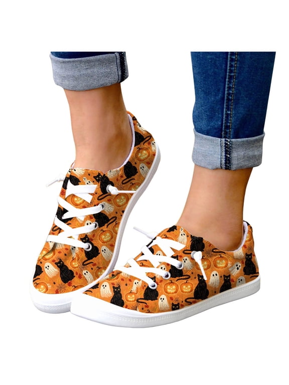 Women's Halloween Canvas Shoes 2026 Casual Slip on Loafers Skull Pumpkin Low Top Walking Sneakers