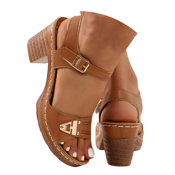 Dakaela Women's Heel Sandals Cutout Low Summer Beach Shoes Leather Open Toe Dress Pumps Brown 6.5