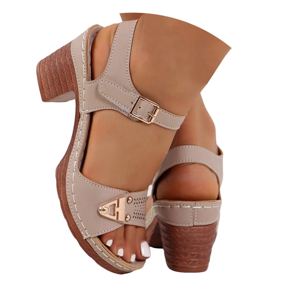 Dakaela Women's Heel Sandals Cutout Low Summer Beach Shoes Leather Open Toe Dress Pumps Khaki 6.5