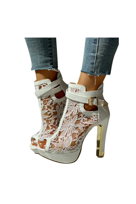 Women's High Heels Open Toe Lace Flower Ankle Boots Hollow out Wedding Party Dressy Pumps Sandals