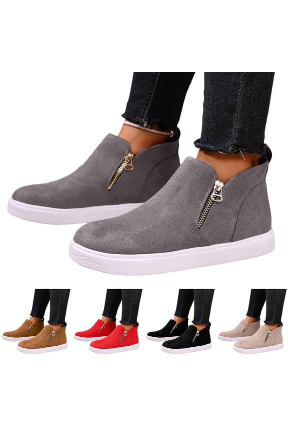 Women's High Top Fashion Sneakers Side Zipper Platform Ankle Booties Suede Slip on Outdoor Walking Flats Casual Shoes Beige 6.5
