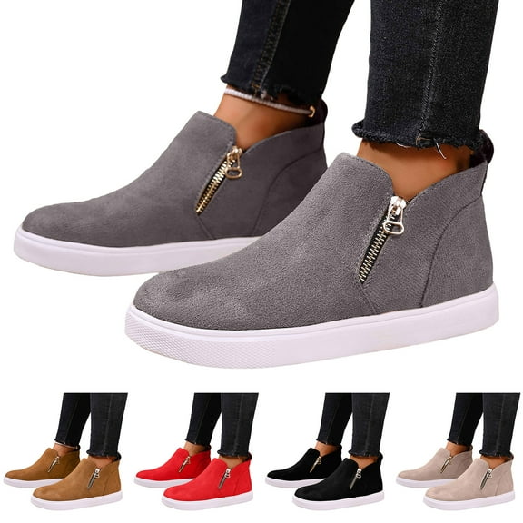 Dakaela Women's High Top Fashion Sneakers Side Zipper Platform Ankle Booties Suede Slip on Outdoor Walking Flats Casual Shoes Beige 8