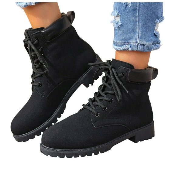 Dakaela Women's Hiking Combat Boots Waterproof Lace up Work Ankle Boots Fall Winter Casual Slip on Riding Short Booties Black 7