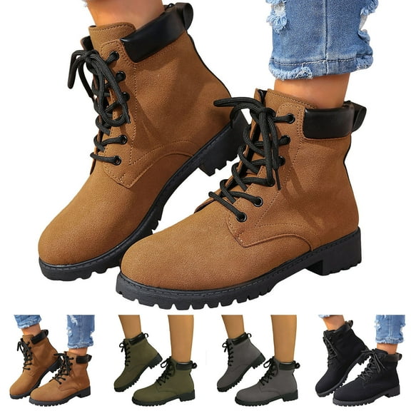 Dakaela Women's Hiking Combat Boots Waterproof Lace up Work Ankle Boots Fall Winter Casual Slip on Riding Short Booties Green 6.5