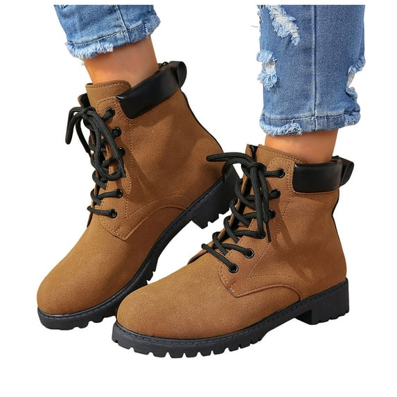 Dakaela Women's Hiking Combat Boots Waterproof Lace up Work Ankle Boots Fall Winter Casual Slip on Riding Short Booties Yellow 7.5
