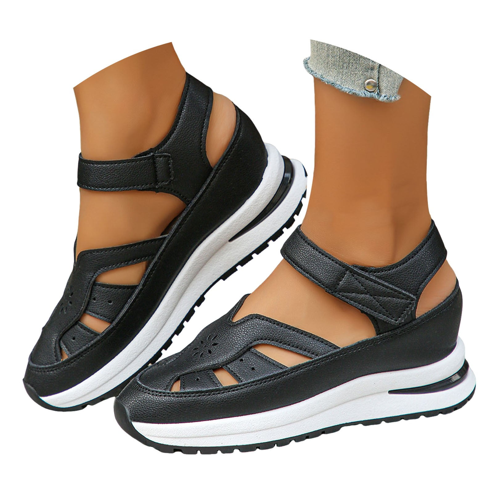 Black Comfy Cotton Fabric Flat Sandals Hollow Out Pointed Toe