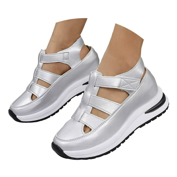 Dakaela Women's Hollow out Casual Sandals Platform Wedge Walking Shoes Thick Slip on Sneakers Silver 6