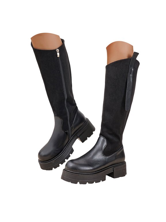 Women's Knee High Boots Black Lug Sole Stretch Tall Boot Comfortable Chunky Heel Platform Dress Shoes