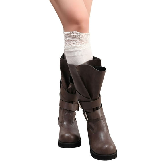 Dakaela Women's Knee High Boots Buckle Wide Calf Platform Riding Boot Leather Wedge Heel Slouchy Dress Winter Boots Coffee 10