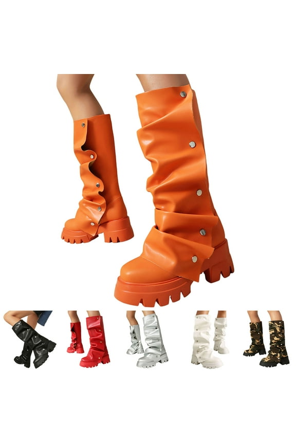 Women's Knee High Boots Platform Fold Over Riding Biker Boot Pull on Shark Ruched Booties Black 6