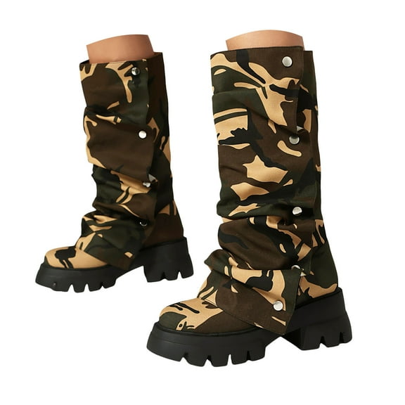 Dakaela Women's Knee High Boots Platform Fold Over Riding Biker Boot Pull on Shark Ruched Booties Green 6.5