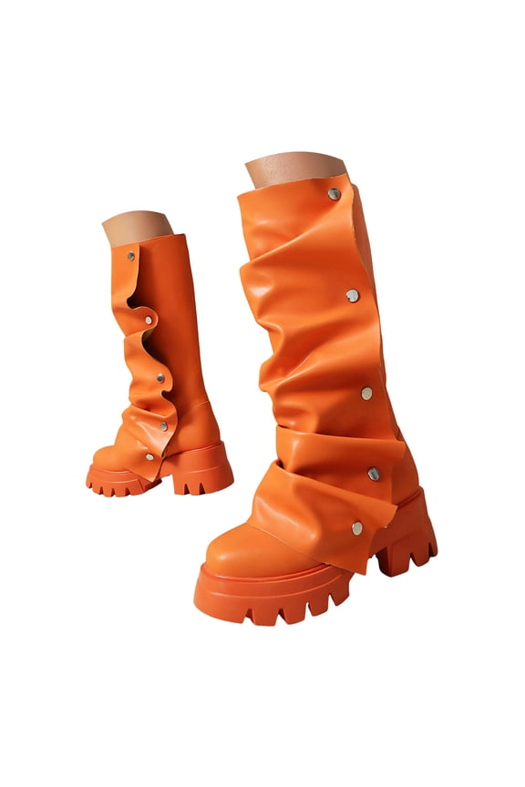 Women's Knee High Boots Platform Fold Over Riding Biker Boot Pull on Shark Ruched Booties Orange 7