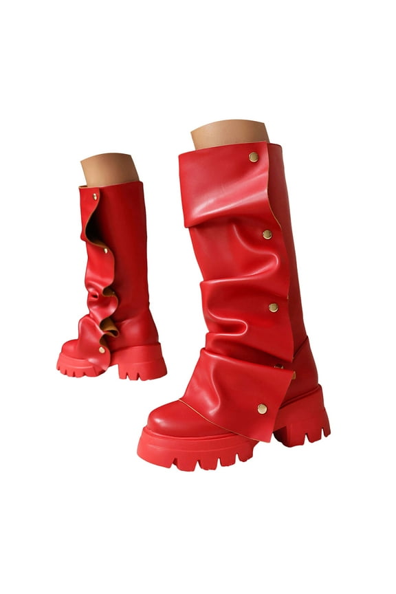 Women's Knee High Boots Platform Fold Over Riding Biker Boot Pull on Shark Ruched Booties Red 6