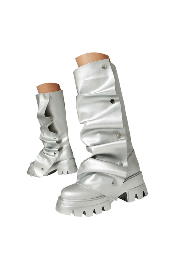 Women's Knee High Boots Platform Fold Over Riding Biker Boot Pull on Shark Ruched Booties Silver 7