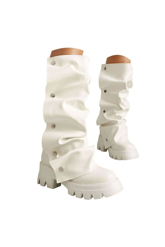 Women's Knee High Boots Platform Fold Over Riding Biker Boot Pull on Shark Ruched Booties White 6