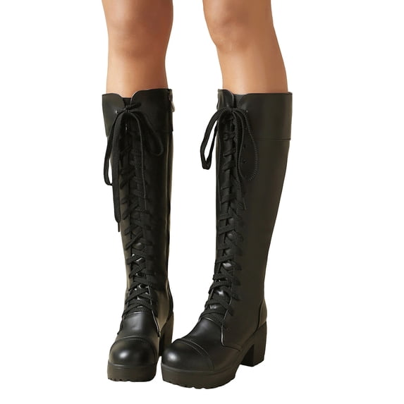 Dakaela Women's Knee High Boots Platform Lace up Combat Boots Chunky Heel Motorcycle Riding Shoes with Side Zipper