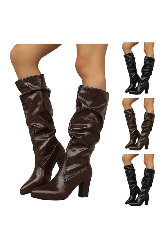 Women's Knee High Boots Pointed Toe Fashion Slouchy Fall Boots Mid Chunky Heel Pull on Wedding Party Dress Pumps Shoes Black 8