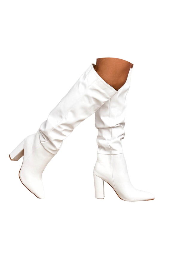 Women's Knee High Boots Pointed Toe Long Boots for Women Slouchy Chunky Heeled Tall Boots
